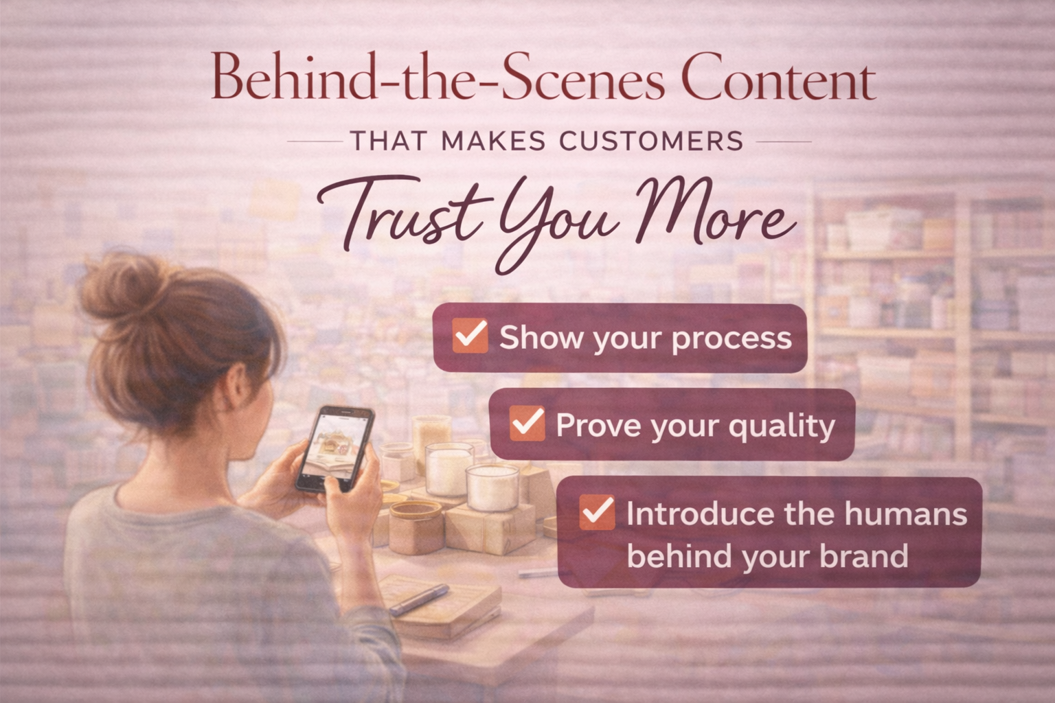 Soft watercolor-style illustration of a small business owner photographing handmade products on a table, with overlay text and callouts highlighting process, quality, and human connection in a warm neutral-toned workspace.