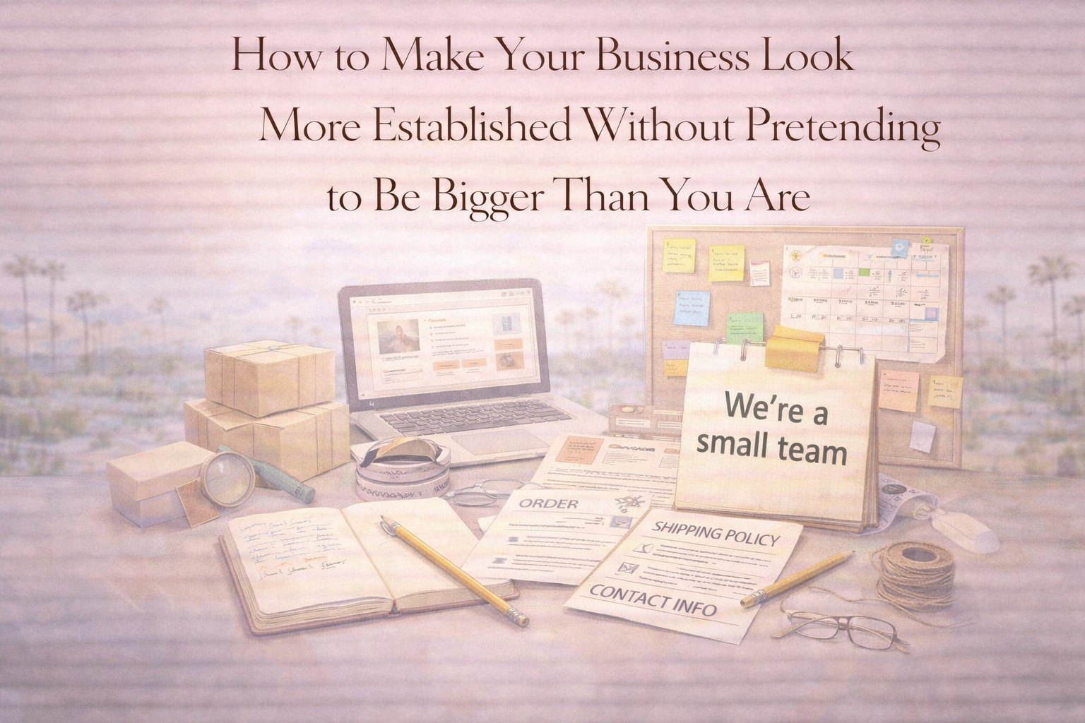 Soft editorial-style featured image showing a neutral-toned workspace with a laptop, shipping documents, boxes, a planning board, and a note reading “We’re a small team,” beneath the headline “How to Make Your Business Look More Established Without Pretending to Be Bigger Than You Are.”