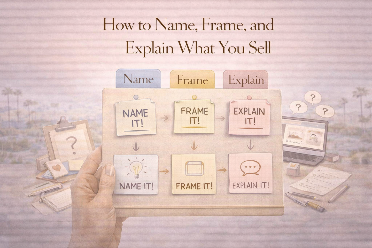 Soft editorial-style featured image showing a neutral-toned workspace with a hand holding a folder labeled Name, Frame, and Explain, alongside notes, a laptop, and question prompts, beneath the headline “How to Name, Frame, and Explain What You Sell.”