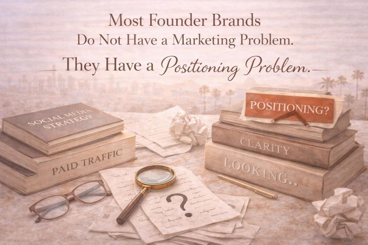 Soft editorial-style featured image showing a neutral-toned desk with stacked books, papers, a magnifying glass, eyeglasses, and cards referencing strategy, traffic, clarity, and positioning beneath the headline “Most Founder Brands Do Not Have a Marketing Problem. They Have a Positioning Problem.”
