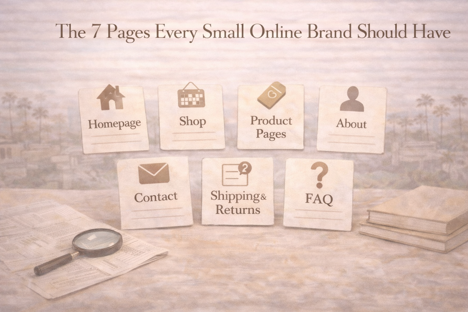 Soft editorial-style featured image showing a neutral-toned workspace with seven page cards labeled Homepage, Shop, Product Pages, About, Contact, Shipping & Returns, and FAQ, beneath the headline “The 7 Pages Every Small Online Brand Should Have.”