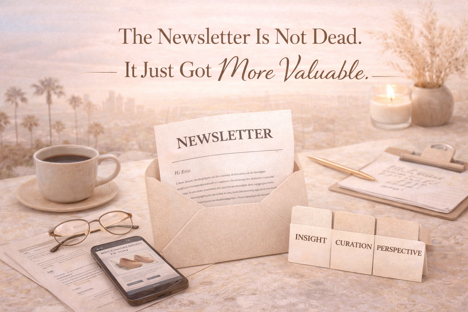 Soft editorial-style featured image showing a neutral-toned desk with a coffee cup, envelope holding a newsletter, eyeglasses, smartphone, notepad, candle, and tab cards labeled “Insight,” “Curation,” and “Perspective,” beneath the headline “The Newsletter Is Not Dead. It Just Got More Valuable.”