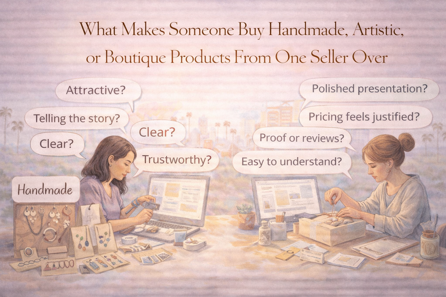 Soft editorial-style featured image showing two handmade and boutique sellers in neutral-toned workspaces, surrounded by products, packaging, and question prompts about trust, story, clarity, proof, and pricing, beneath the headline “What Makes Someone Buy Handmade, Artistic, or Boutique Products From One Seller Over Another.”