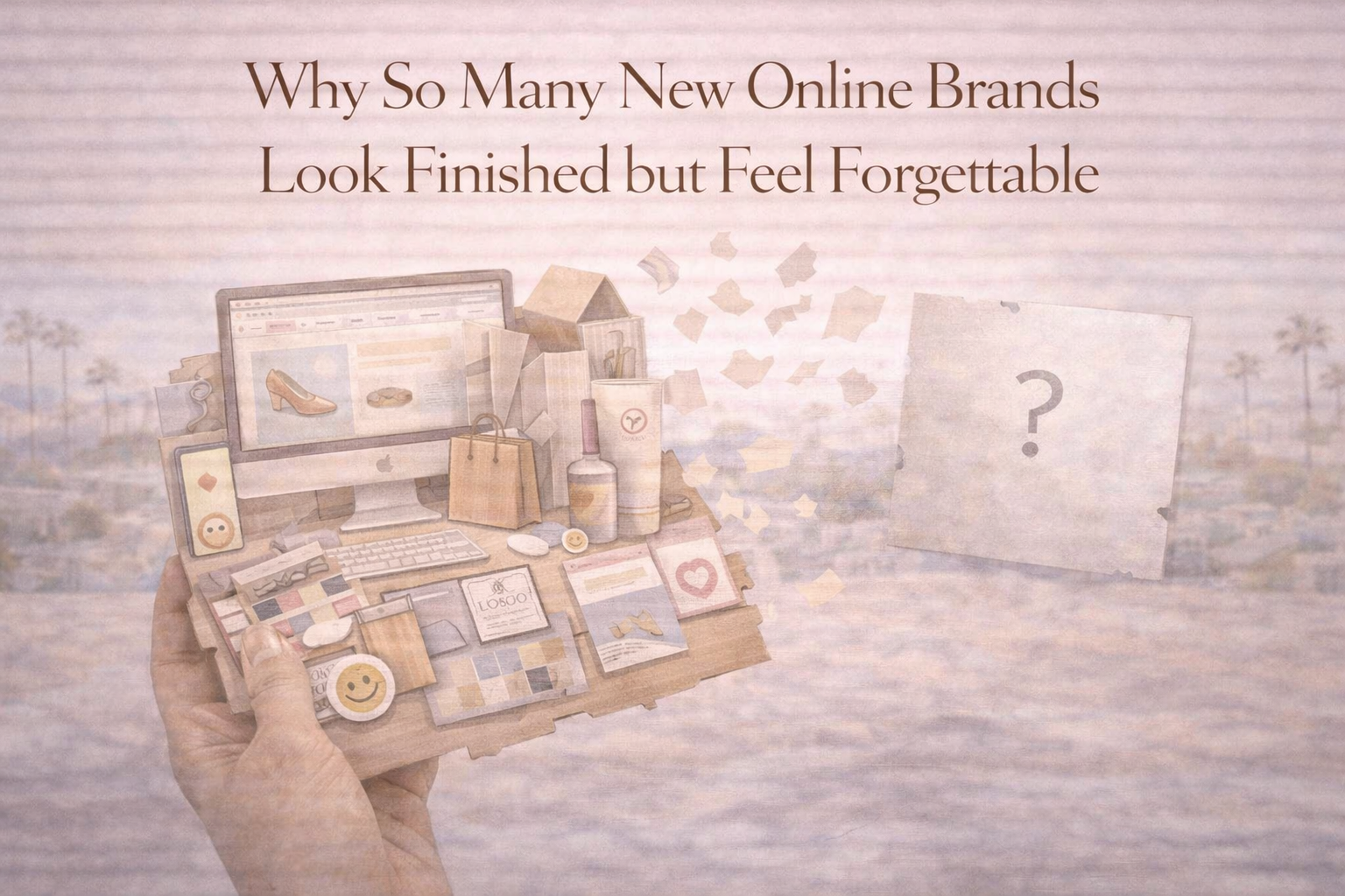 Soft editorial-style featured image showing a neutral-toned branded workspace scene with a polished online store display, packaging, and branded materials fading into a question-mark panel, beneath the headline “Why So Many New Online Brands Look Finished but Feel Forgettable.”