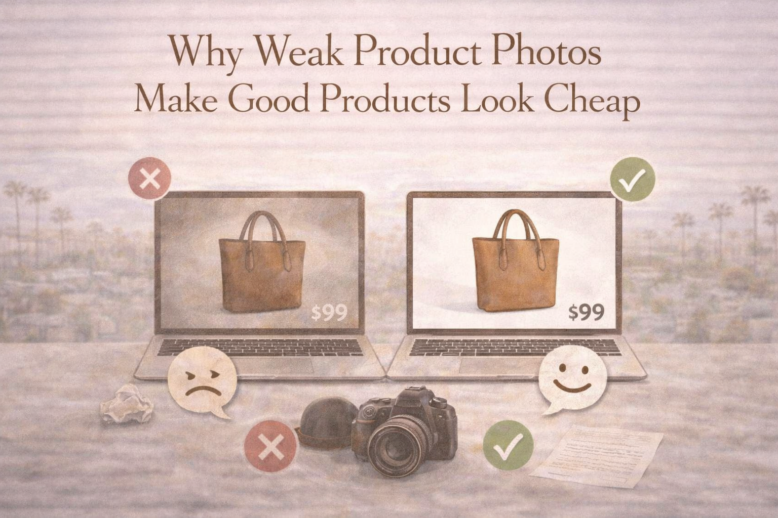 Soft editorial-style featured image showing a neutral-toned workspace with side-by-side product photo comparisons on laptop screens, illustrating how weak imagery can make the same product appear less valuable, beneath the headline “Why Weak Product Photos Make Good Products Look Cheap.”