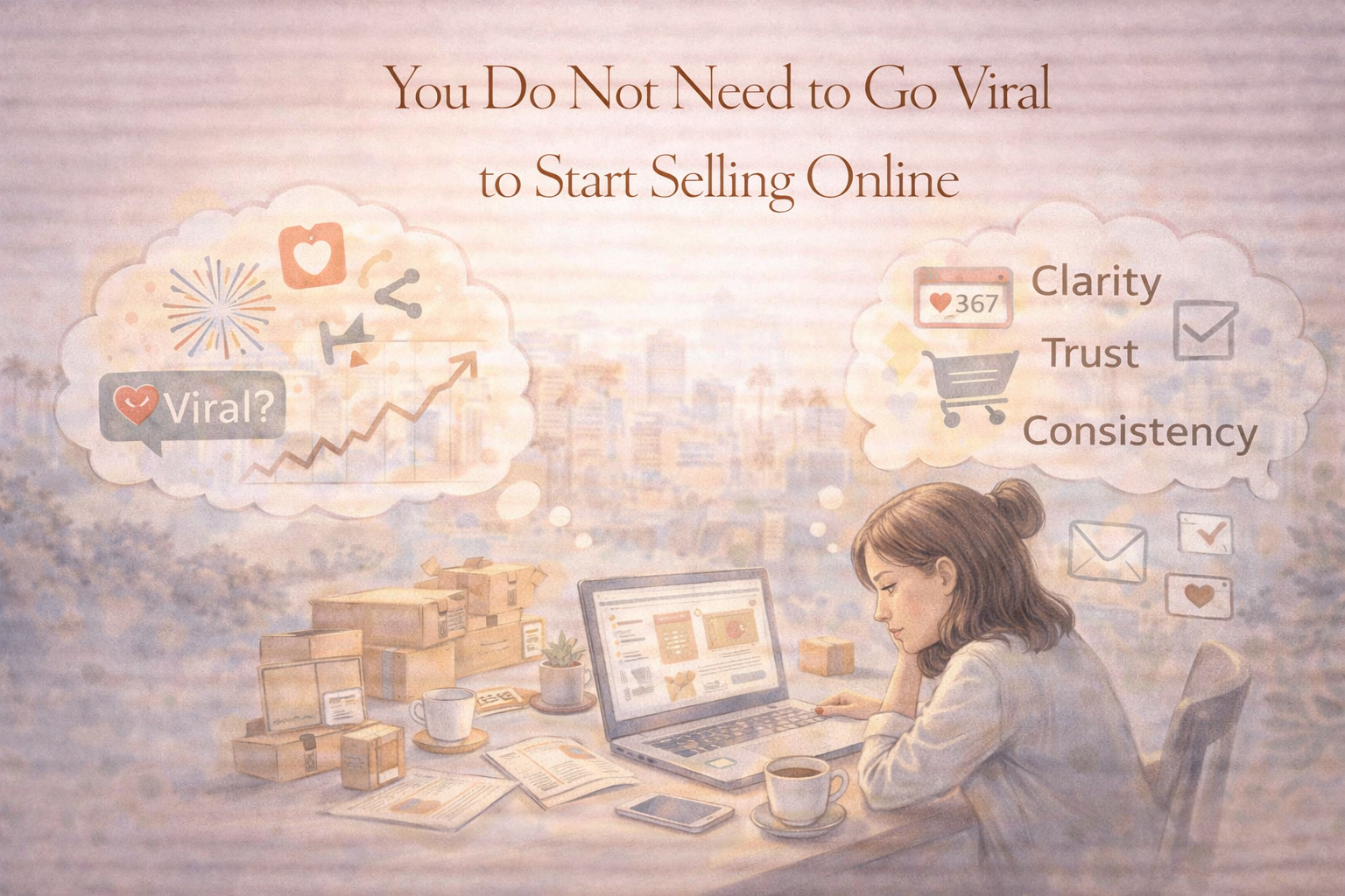 Soft editorial-style featured image showing a neutral-toned workspace with a woman at a laptop, shipping boxes, coffee cups, and thought bubbles contrasting virality with clarity, trust, and consistency, beneath the headline “You Do Not Need to Go Viral to Start Selling Online.”