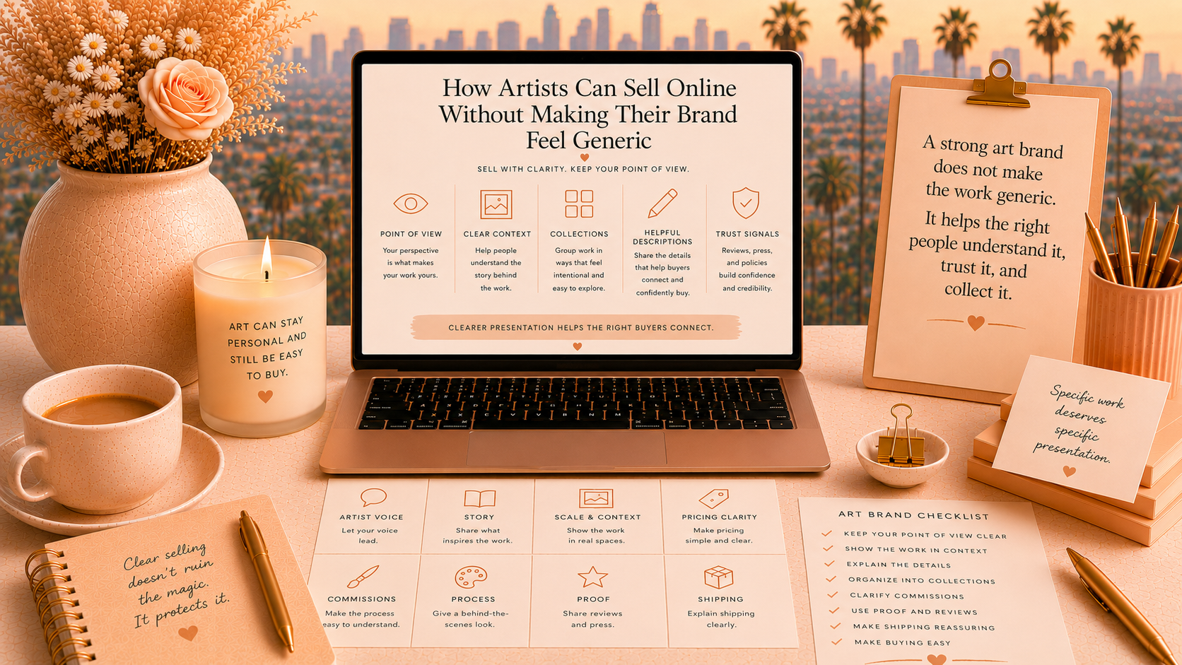 Soft peach and beige Becky O’Shea style featured image showing a laptop with art brand selling tips, artist voice cards, an art brand checklist, and a hazy Los Angeles skyline with palm trees.