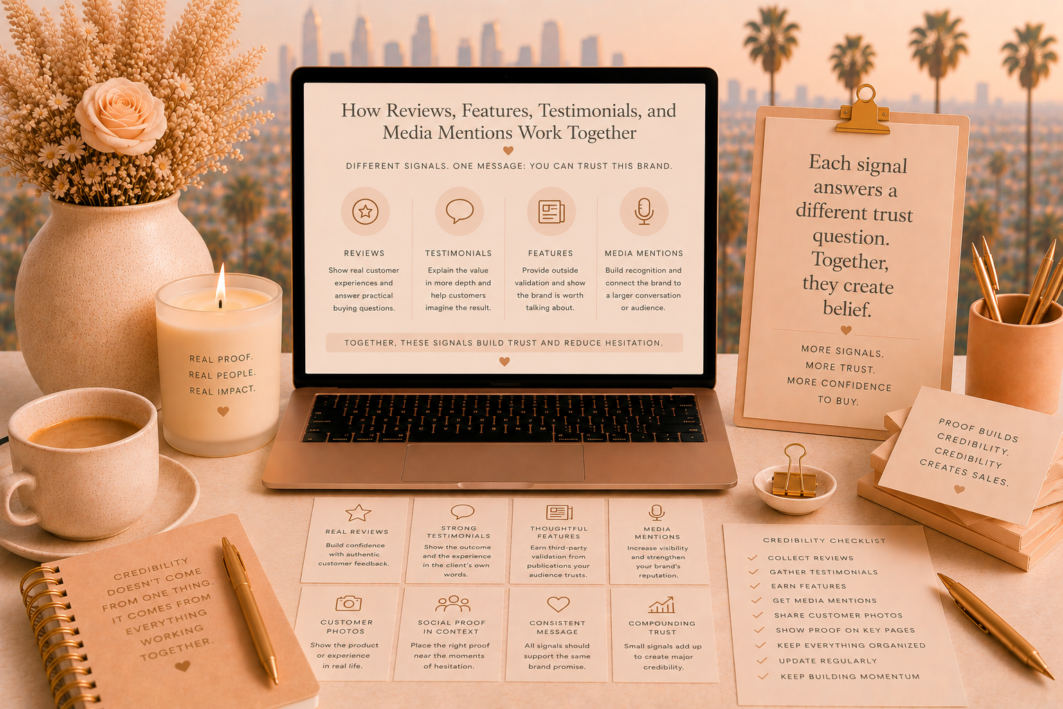 Soft peach and beige Becky O’Shea style featured image showing a laptop with reviews, testimonials, features, and media mentions, plus credibility cards, a checklist, and a hazy Los Angeles skyline with palm trees.
