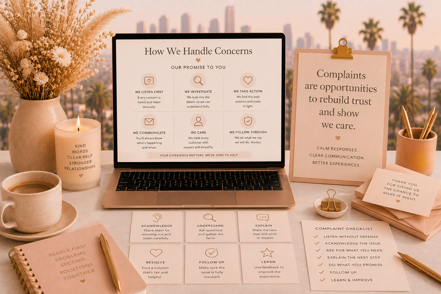 Soft blush and beige Becky O’Shea style featured image showing a laptop customer complaint guide, calm support cards, complaint checklist, and a hazy Los Angeles skyline with palm trees.