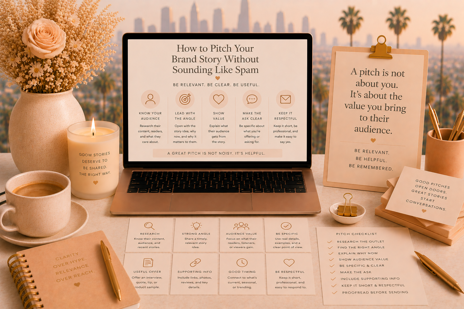 Soft peach and beige Becky O’Shea style featured image showing a laptop with brand pitching tips, pitch strategy cards, a checklist, and a hazy Los Angeles skyline with palm trees.