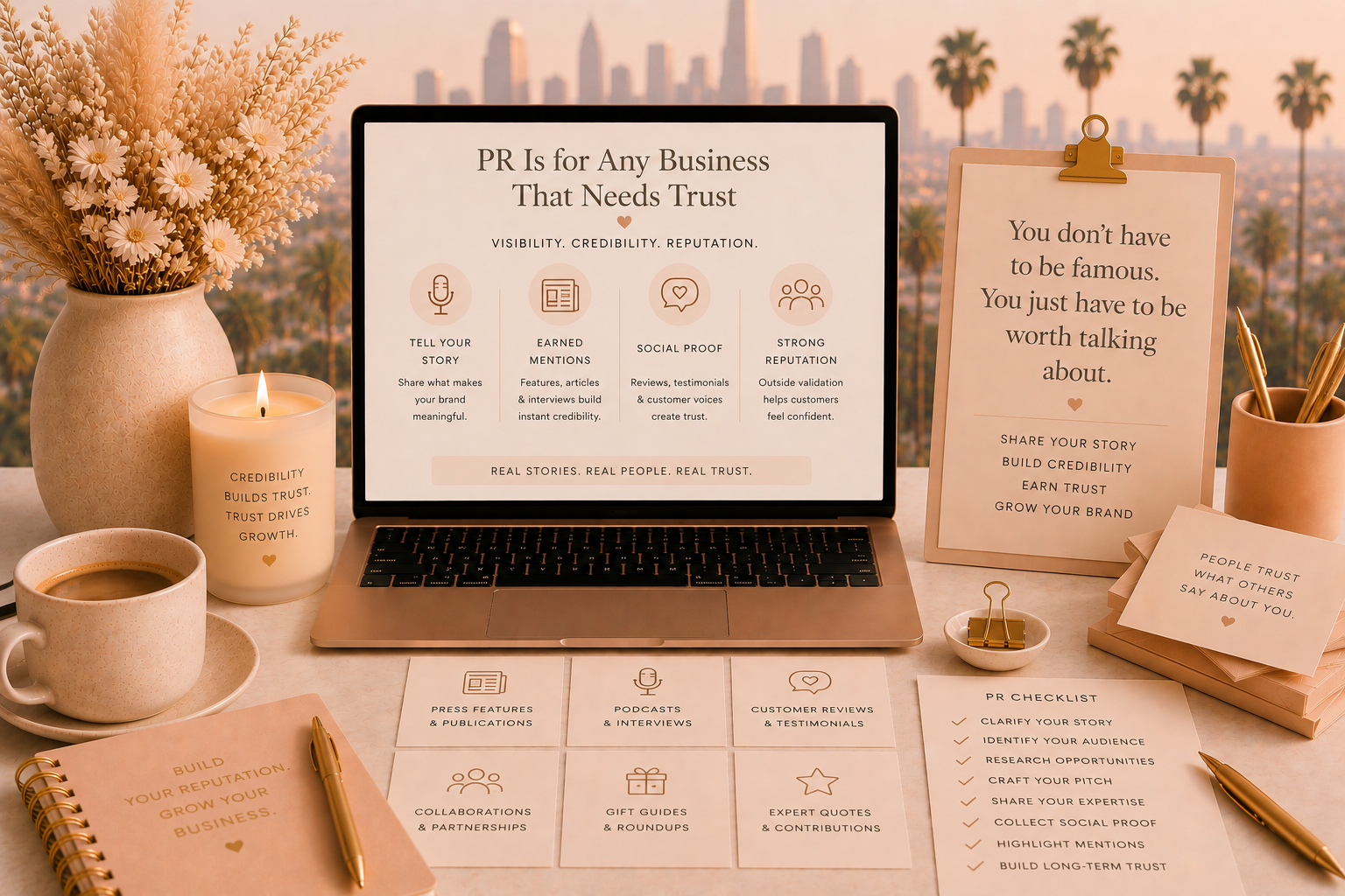 Soft blush and beige Becky O’Shea style featured image showing a laptop with PR credibility tips, media mention cards, a PR checklist, and a hazy Los Angeles skyline with palm trees.