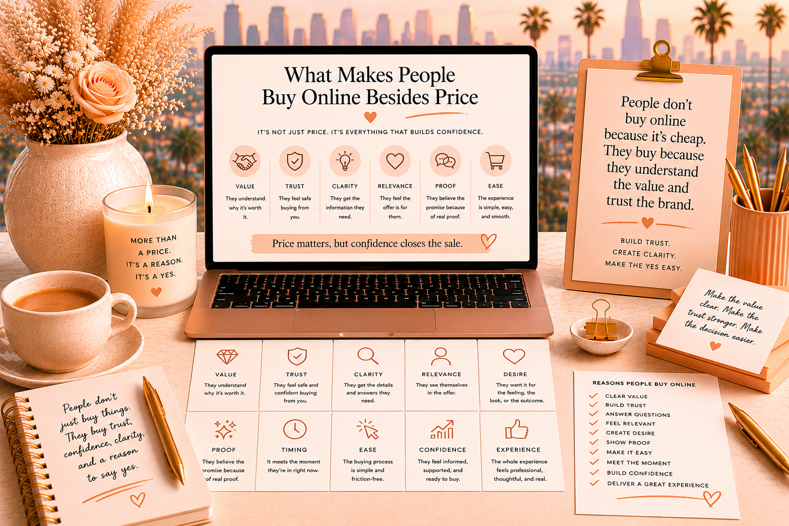 Soft peach and gold Becky O’Shea style featured image showing a laptop with online buying factors, trust and clarity cards, a checklist, and a hazy Los Angeles skyline with palm trees.