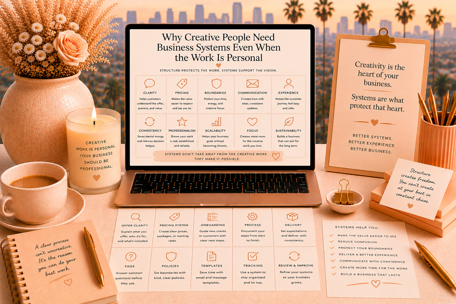 Soft peach and beige Becky O’Shea style featured image showing a laptop with business systems for creative people, organized process cards, a checklist, and a hazy Los Angeles skyline with palm trees.